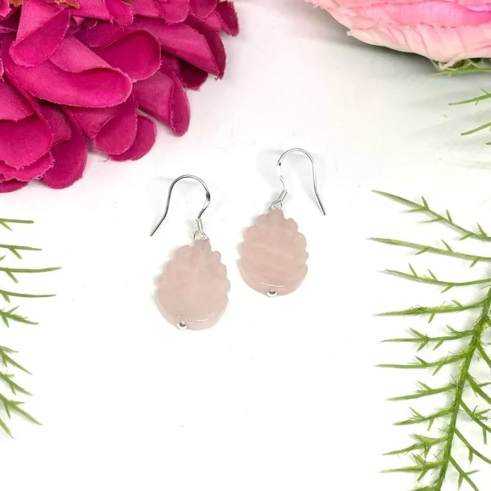 NEW⚜️Carved ROSE QUARTZ Petal Sterling Silver Earrings